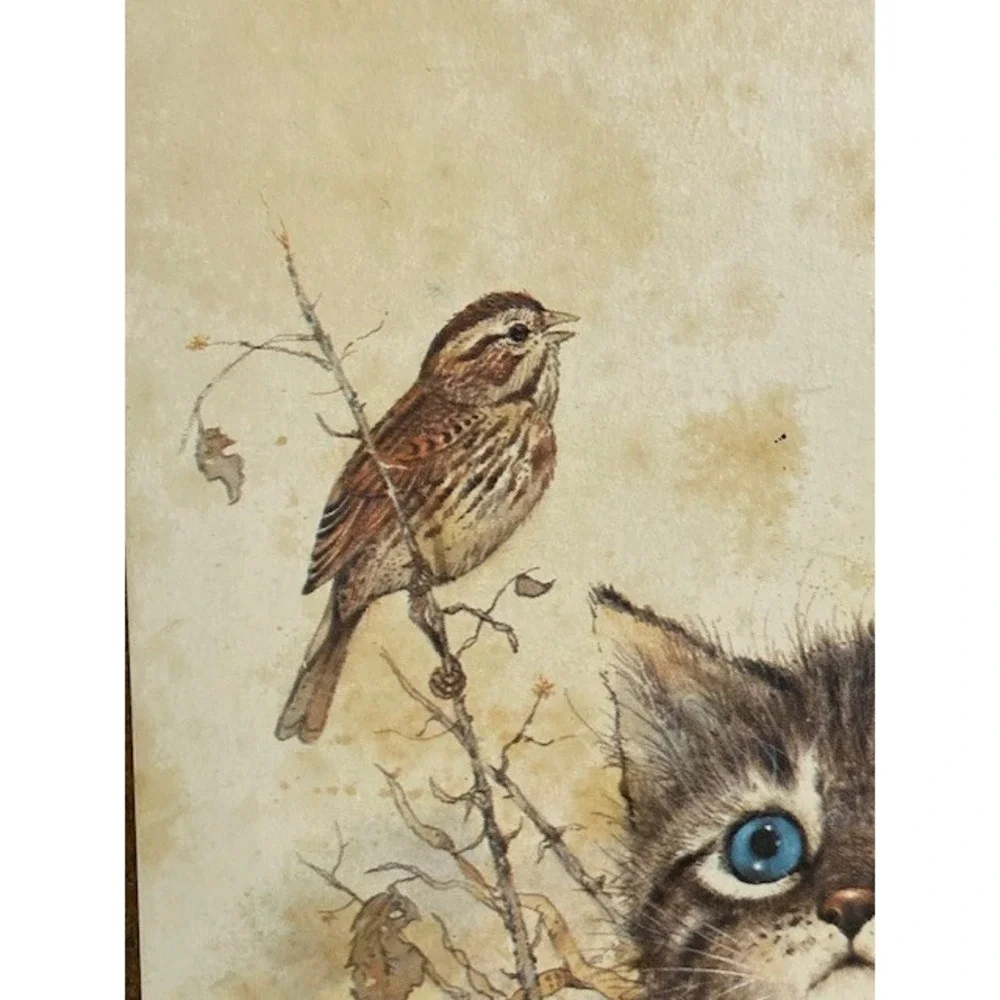 Vintage 1981 Giordano Art Ltd Kitten and Bird Wall Plaque CM Paula Co 5x7